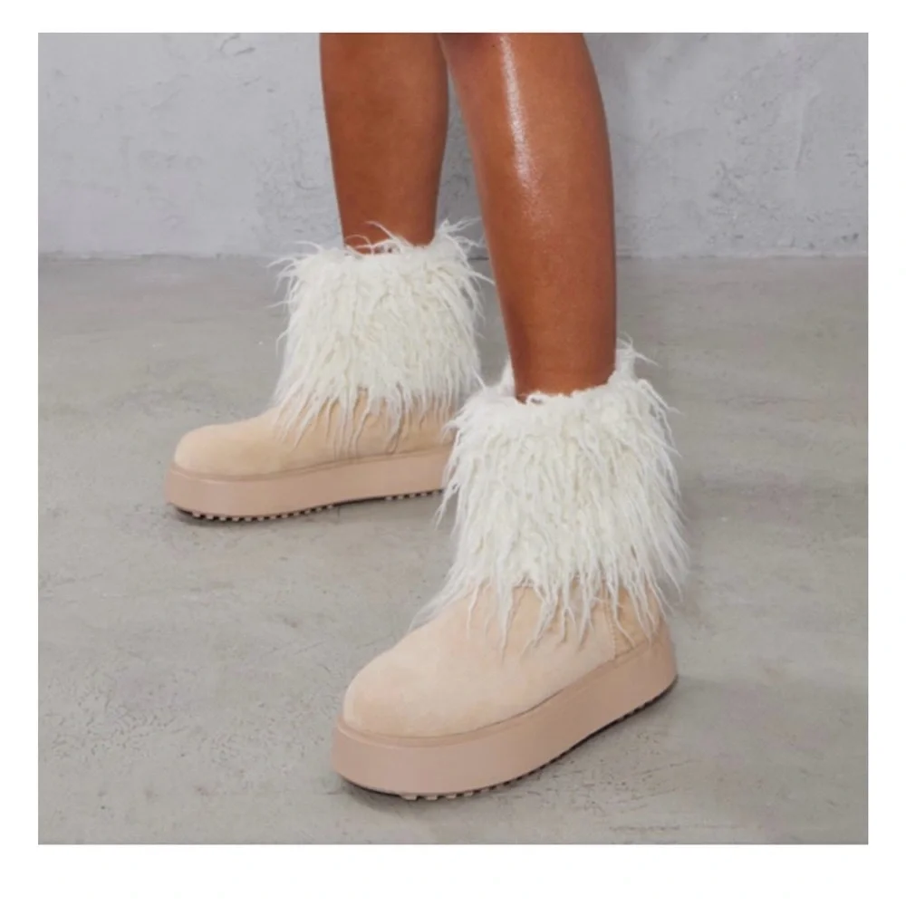 PRETTYLITTLETHING Cream Faux Fur Platform Ankle Boots